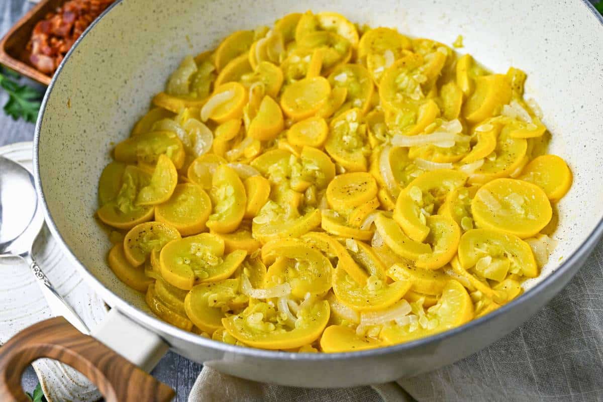 side view of cooked southern squash with onions