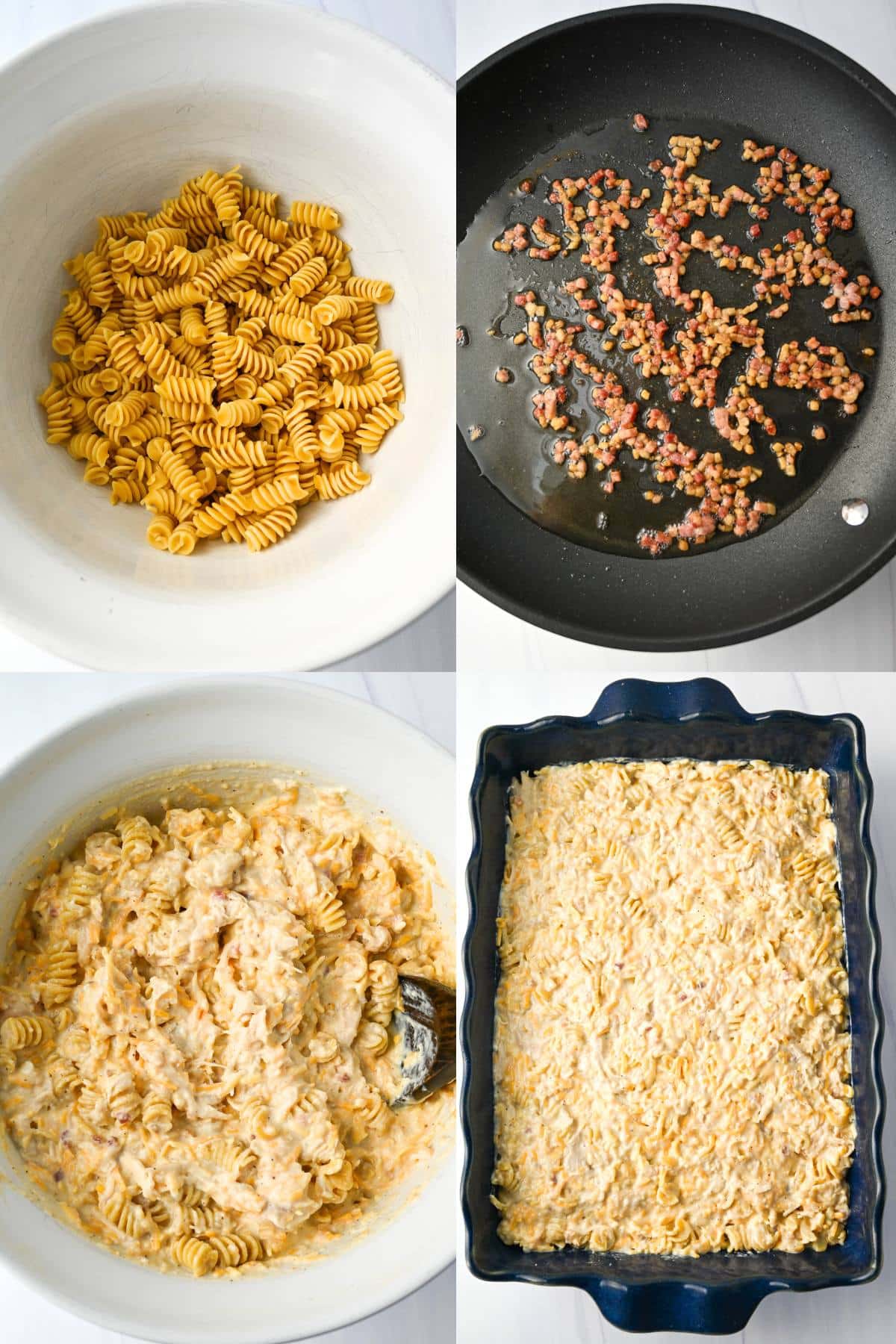 step photos for assembling mac and cheese with chicken