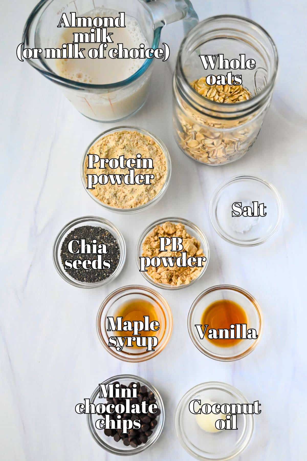 ingredients measured out on a counter for peanut butter magic shell overnight oats
