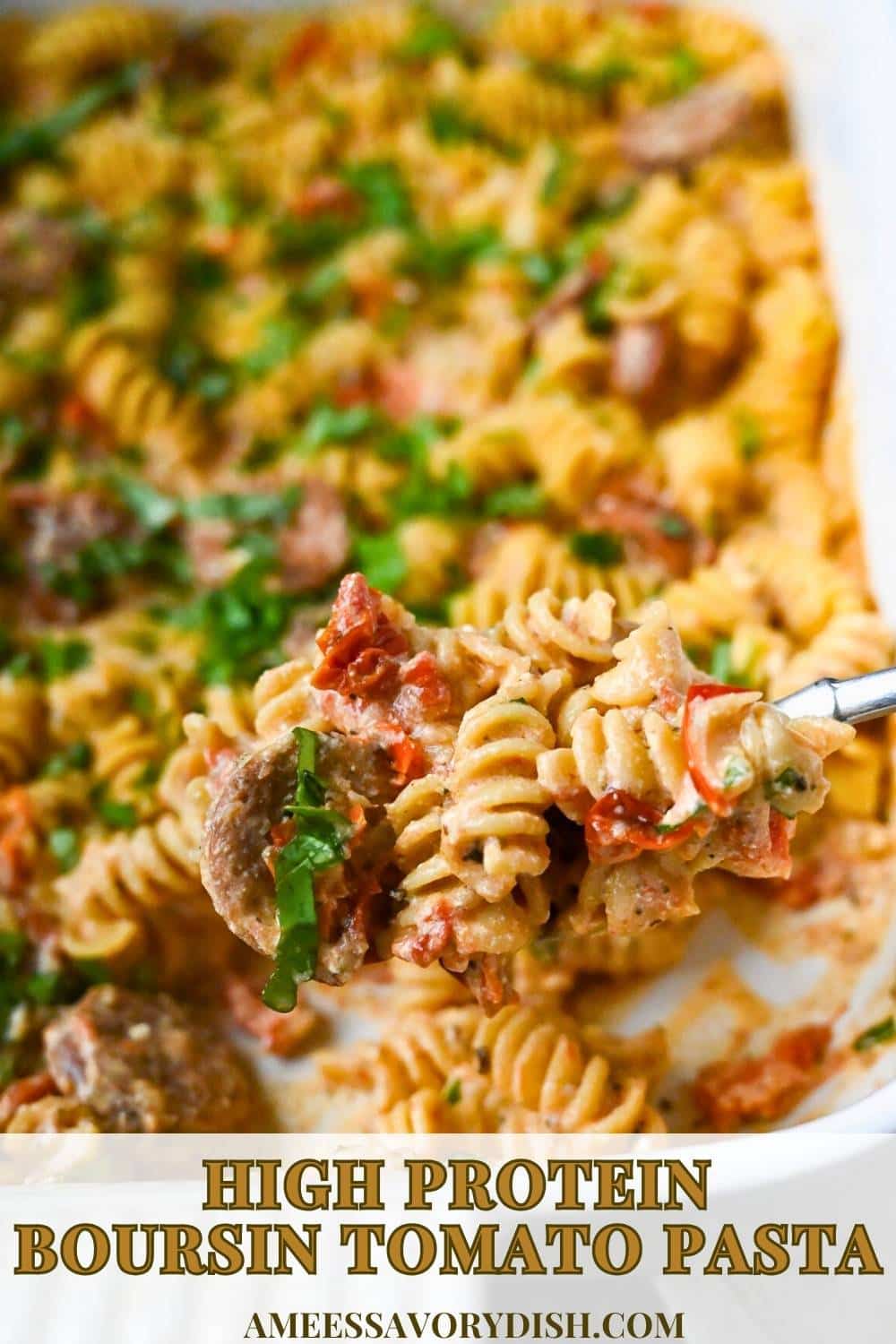 This easy Boursin Tomato Pasta recipe features a simple sauce made with melty Boursin cheese, whipped cottage cheese, LOTS of garlic, and beautifully blistered tomatoes, tossed with Italian chicken sausage and protein pasta, resulting in a lighter, more macro-friendly twist on the OG viral recipe!  via @Ameessavorydish