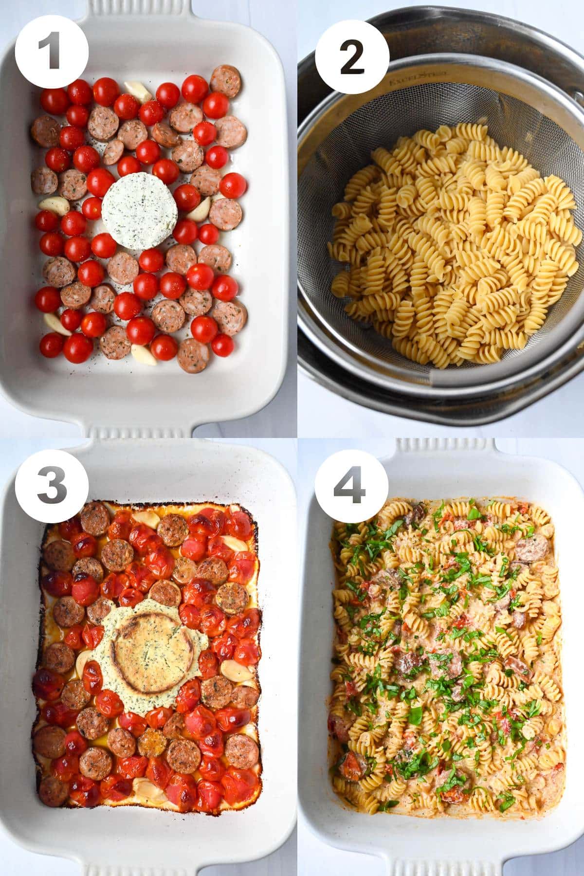 steps for making pasta with boursin cheese, tomatoes, and Italian sausage