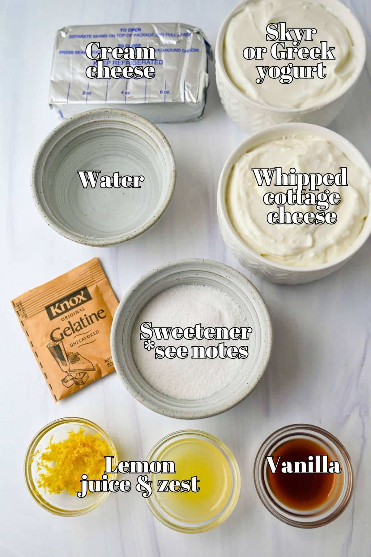 labeled ingredients for making a no bake high protein cheesecake