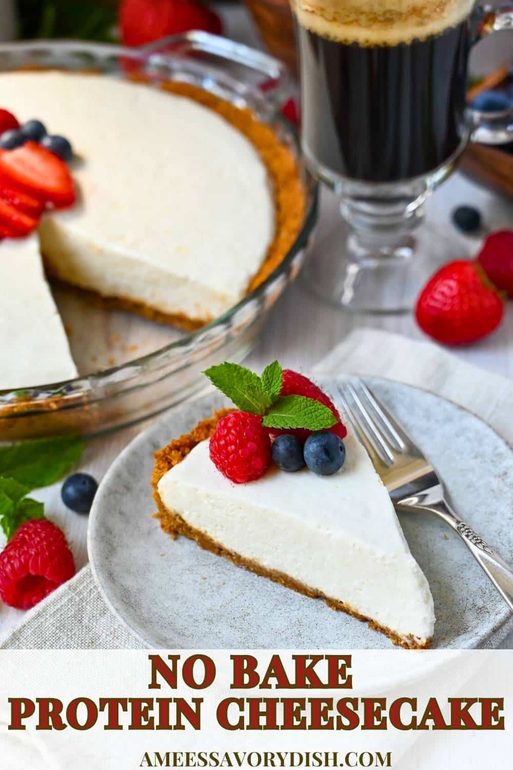 This No Bake Protein Cheesecake focuses on better-for-you ingredients yet tastes just as rich, creamy, and delicious as the real deal. via @Ameessavorydish