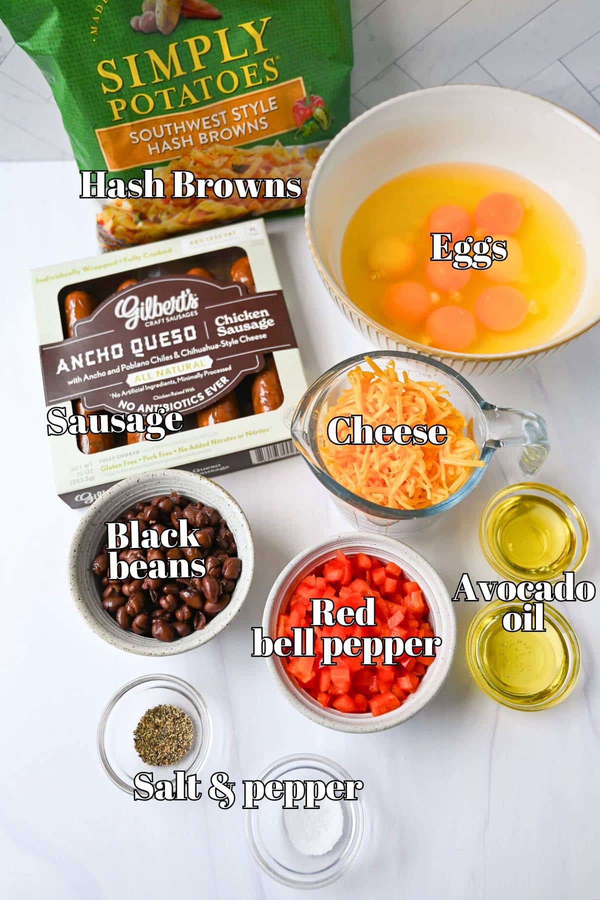 ingredients to make a southwest egg breakfast skillet measured out on a counter