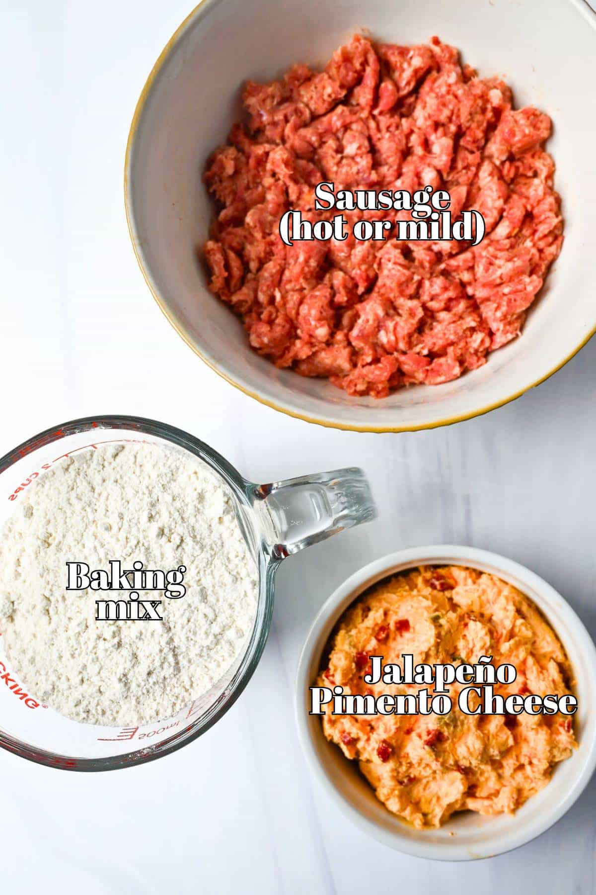 ingredients for pimento cheese sausage balls measured out on a counter