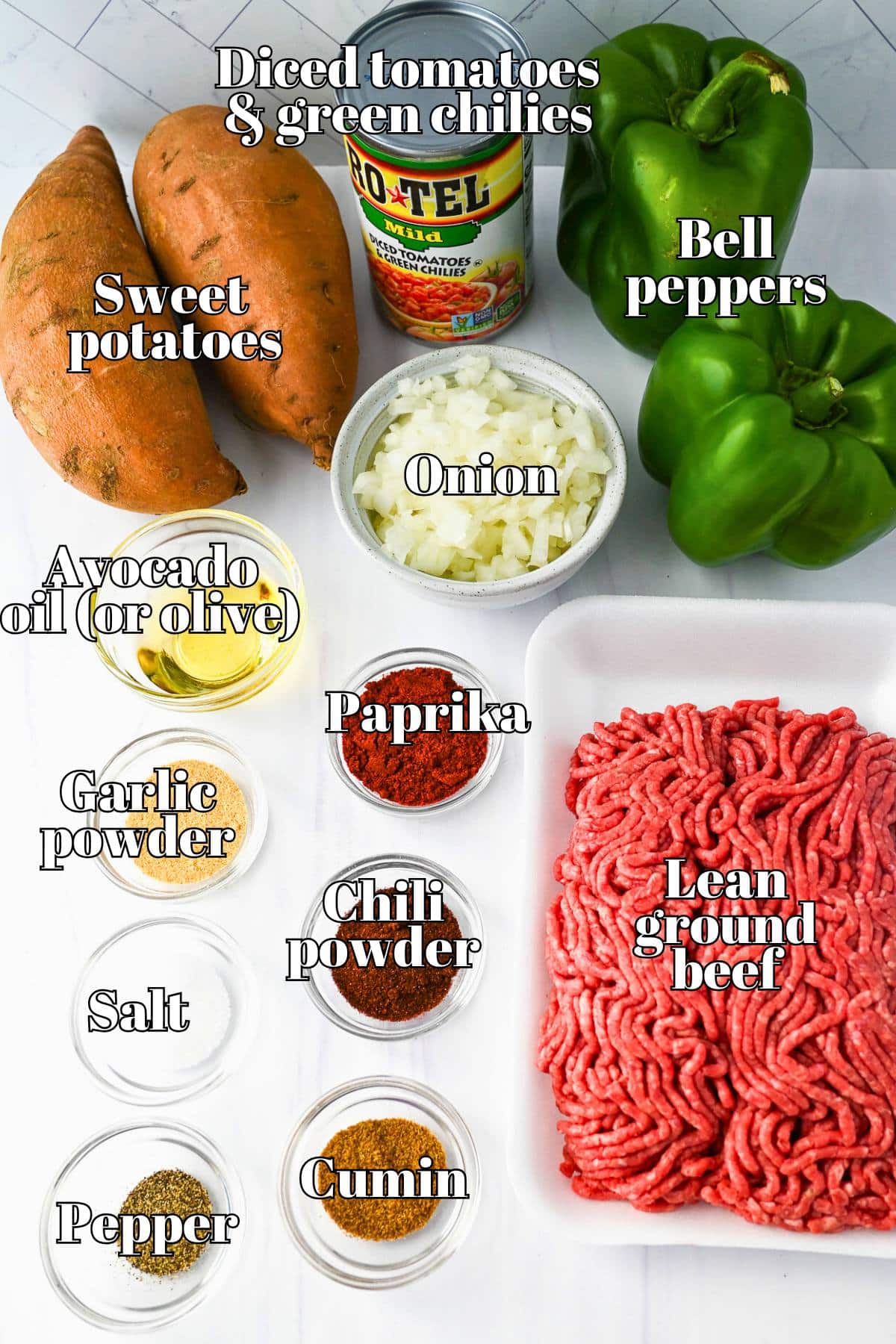 ingredients for making an easy Tex Mex beef skillet measured out on a counter