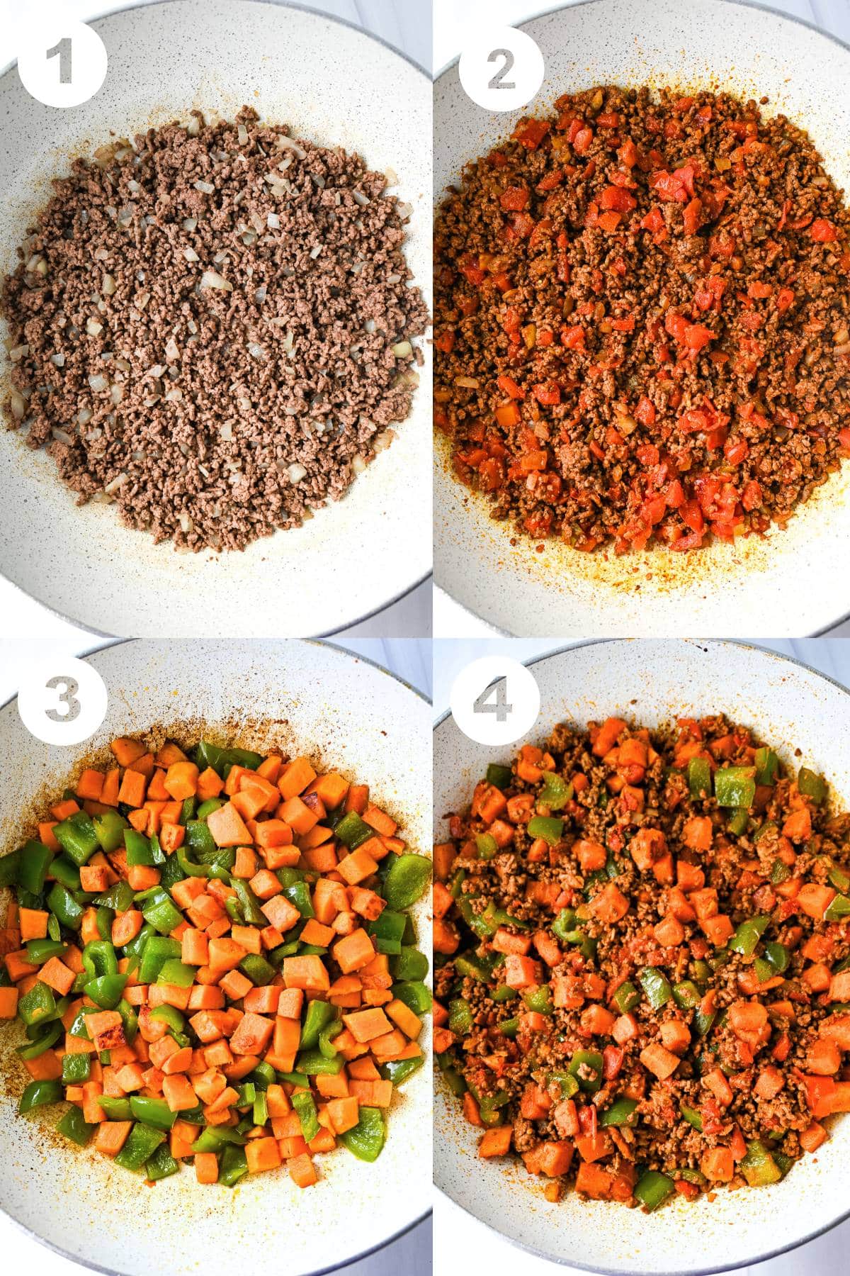 a photo collage showing ground beef cooked in a skillet, Rotel and spices added, sauteed peppers and sweet potatoes, and the finished dish