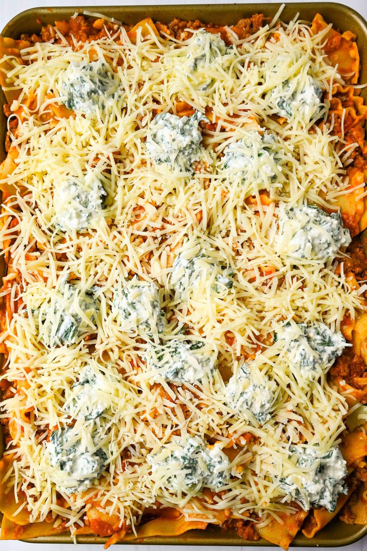 sheet pan lasagna topped with shredded cheese and ready to bake