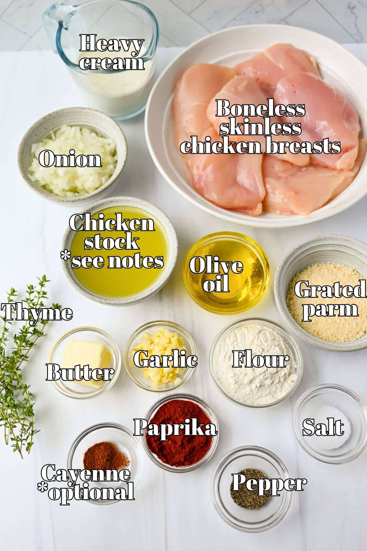 ingredients for paprika chicken measured out on a counter