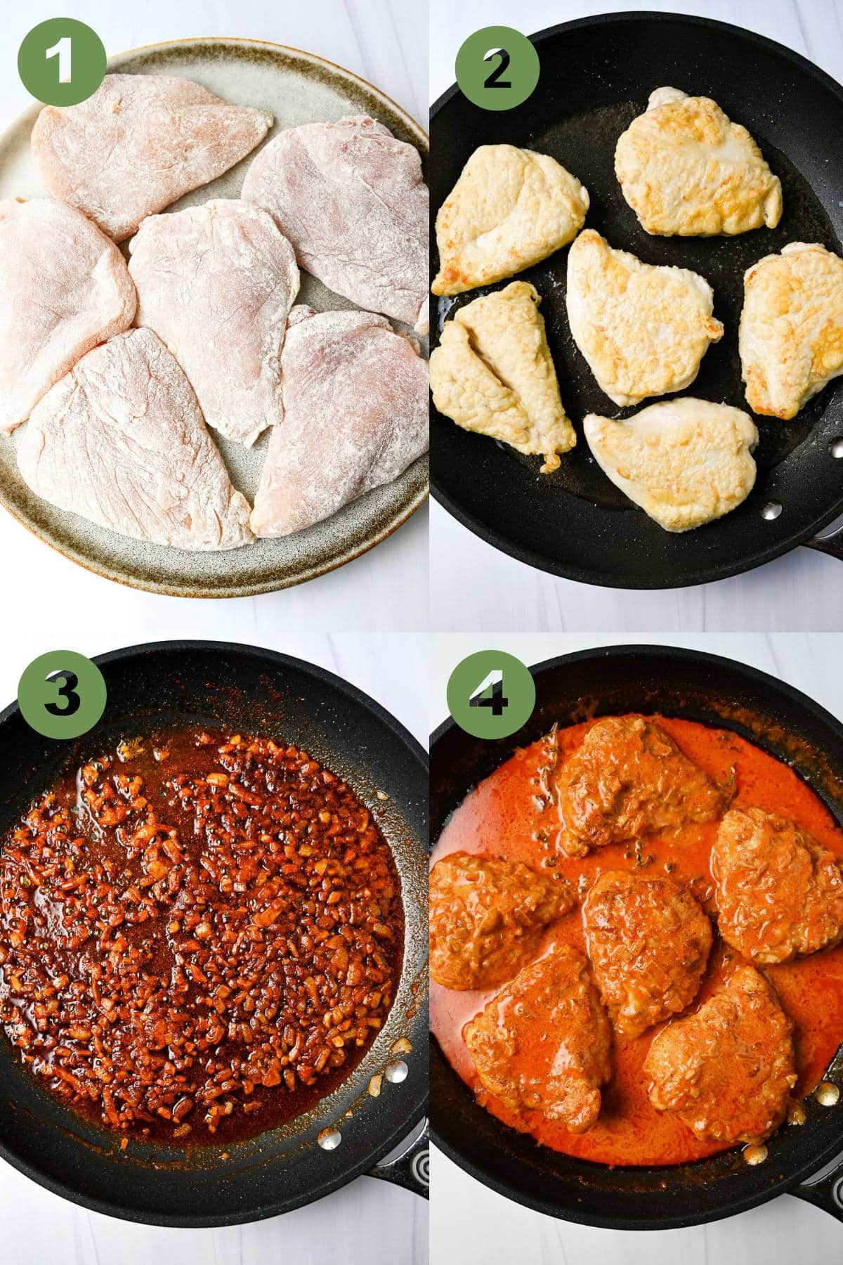 four steps to make paprika chicken: dredging chicken breasts, sauteing, cooking aromatics, and simmering in sauce