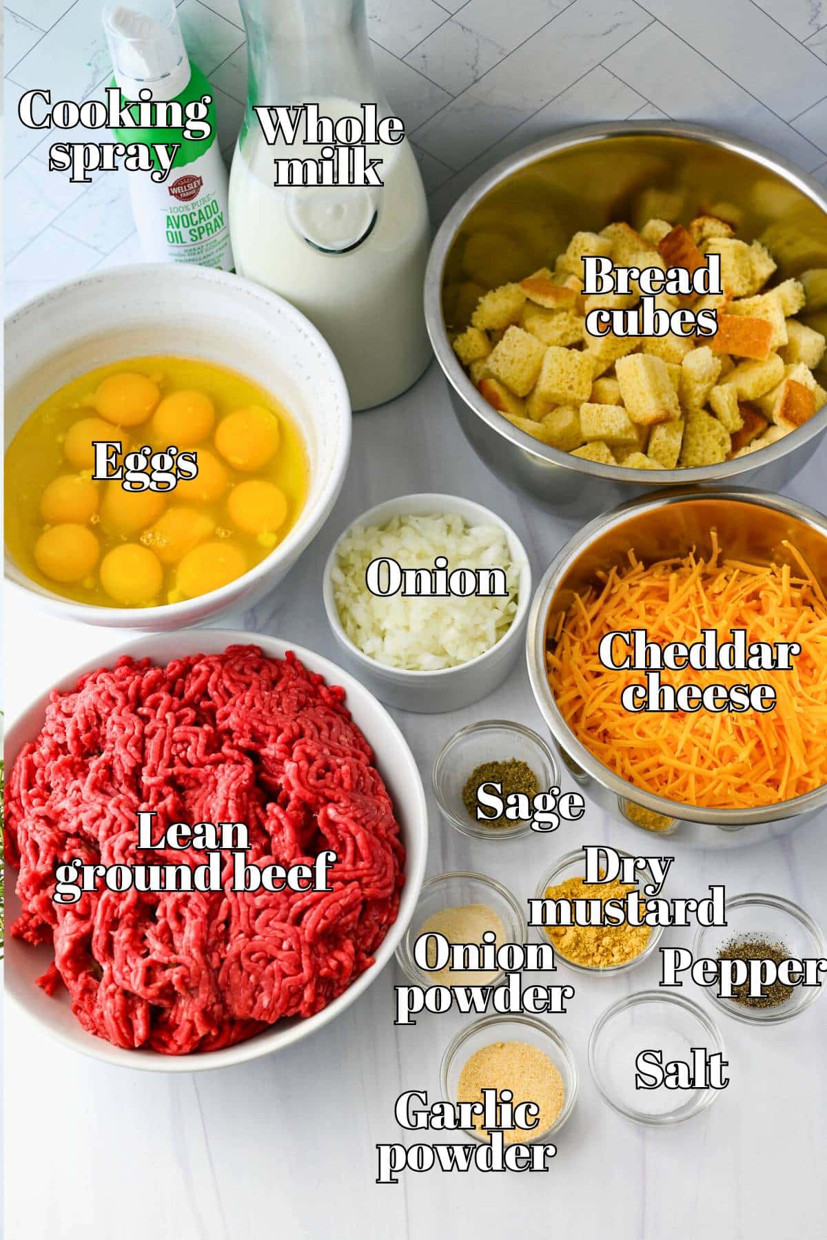 ingredients for beef breakfast casserole measured out on a counter