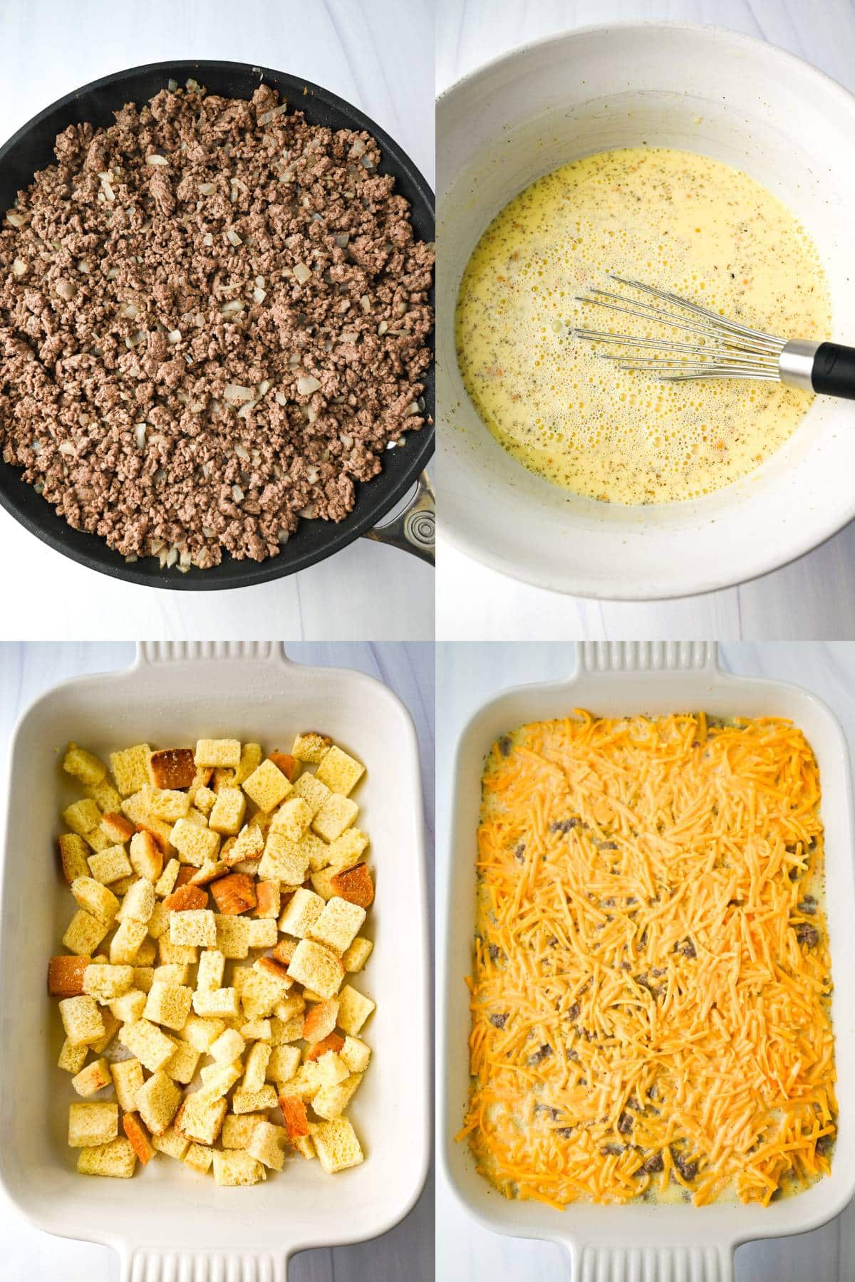 step photos for making beef breakfast casserole- sauteed ground beef, mixing egg mixture, layered in the pan
