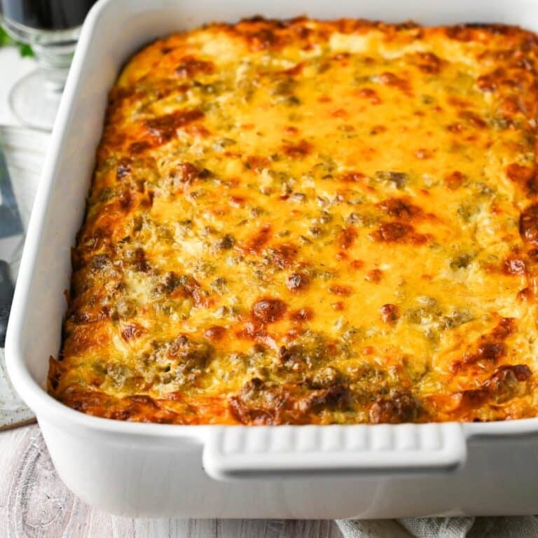 ground beef breakfast casserole in a dish