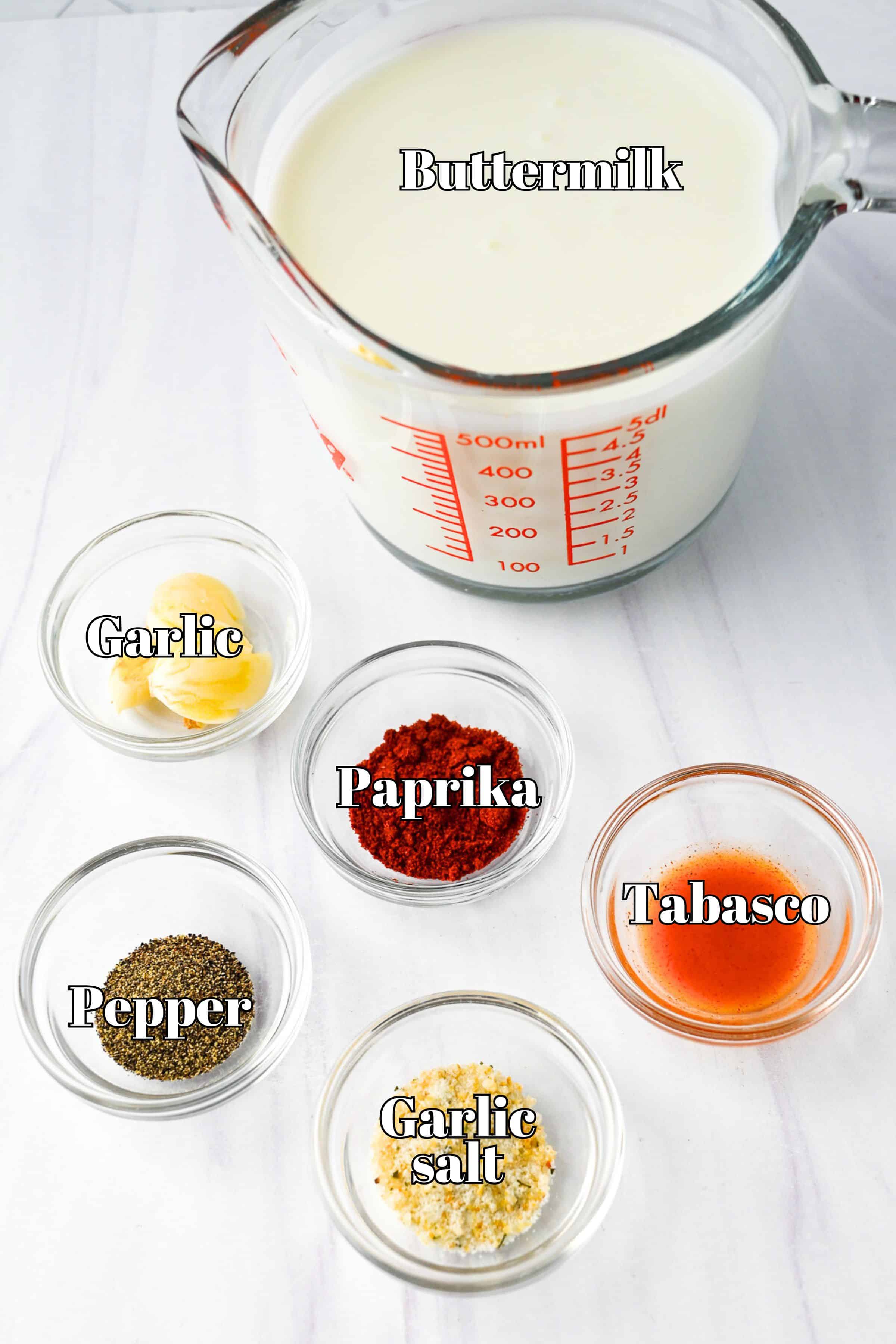ingredients for making a buttermilk soak measured out on a counter