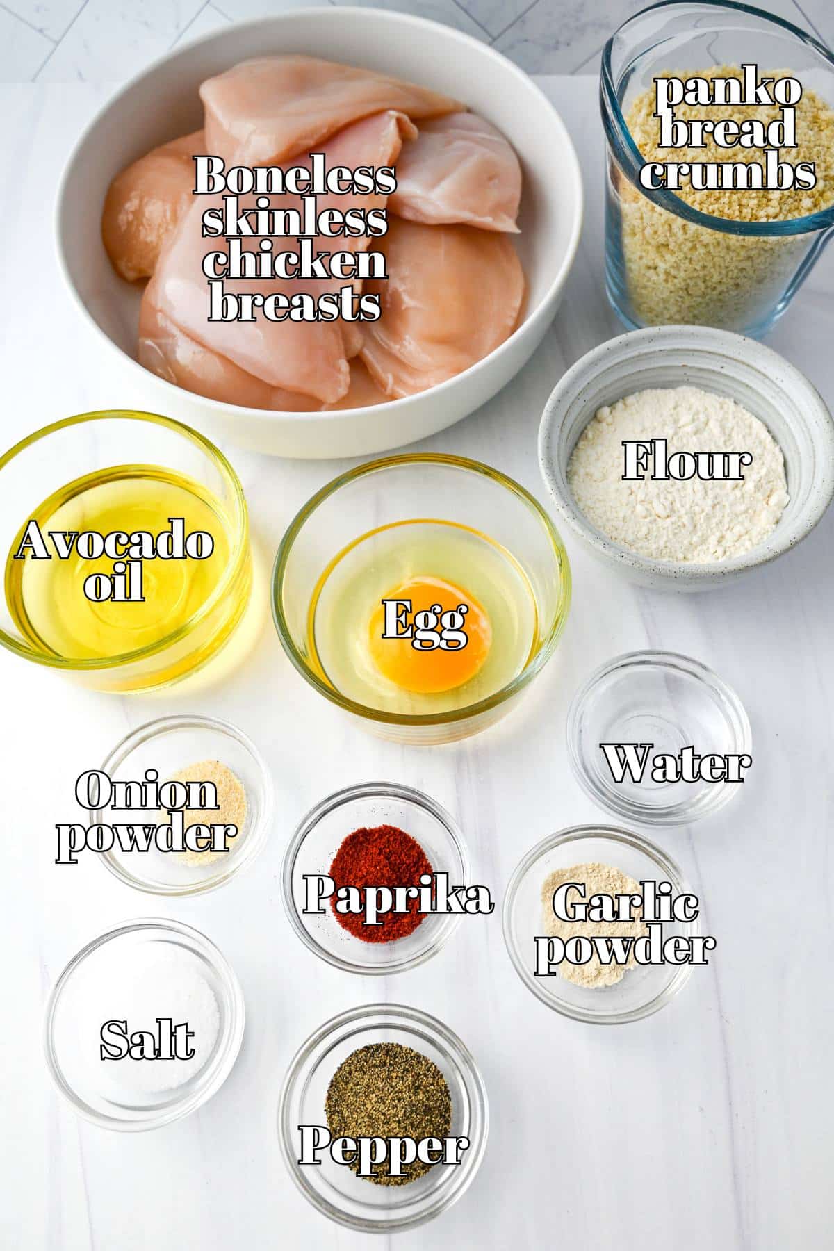ingredients for fried chicken made healthier measured out on a counter