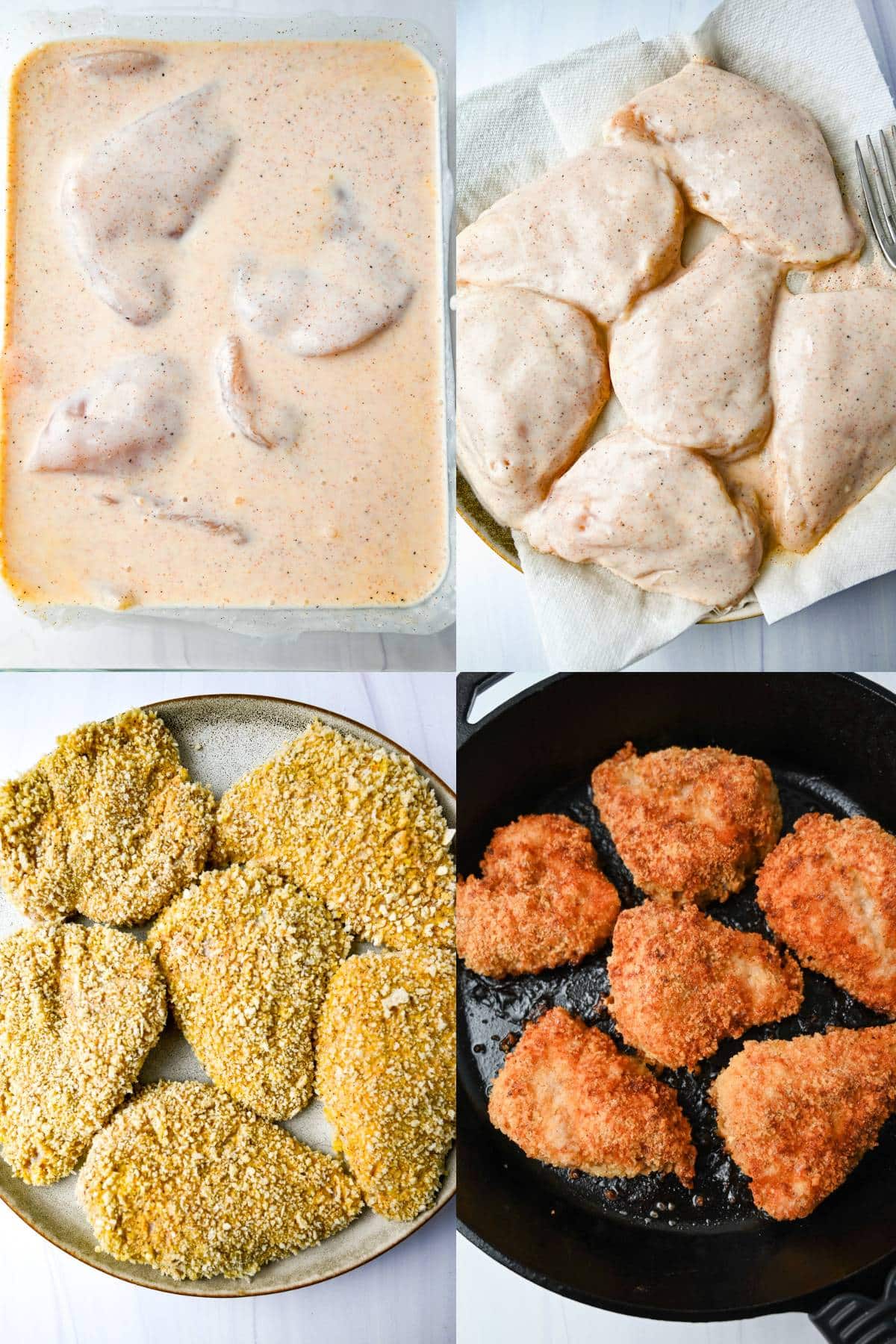 four steps for soaking, breading and cooking boneless fried chicken