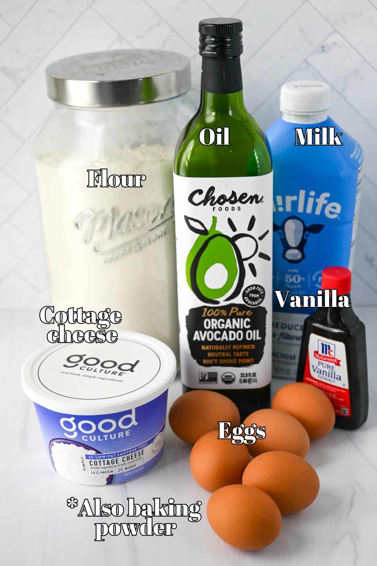 ingredients on a counter for cottage cheese waffles