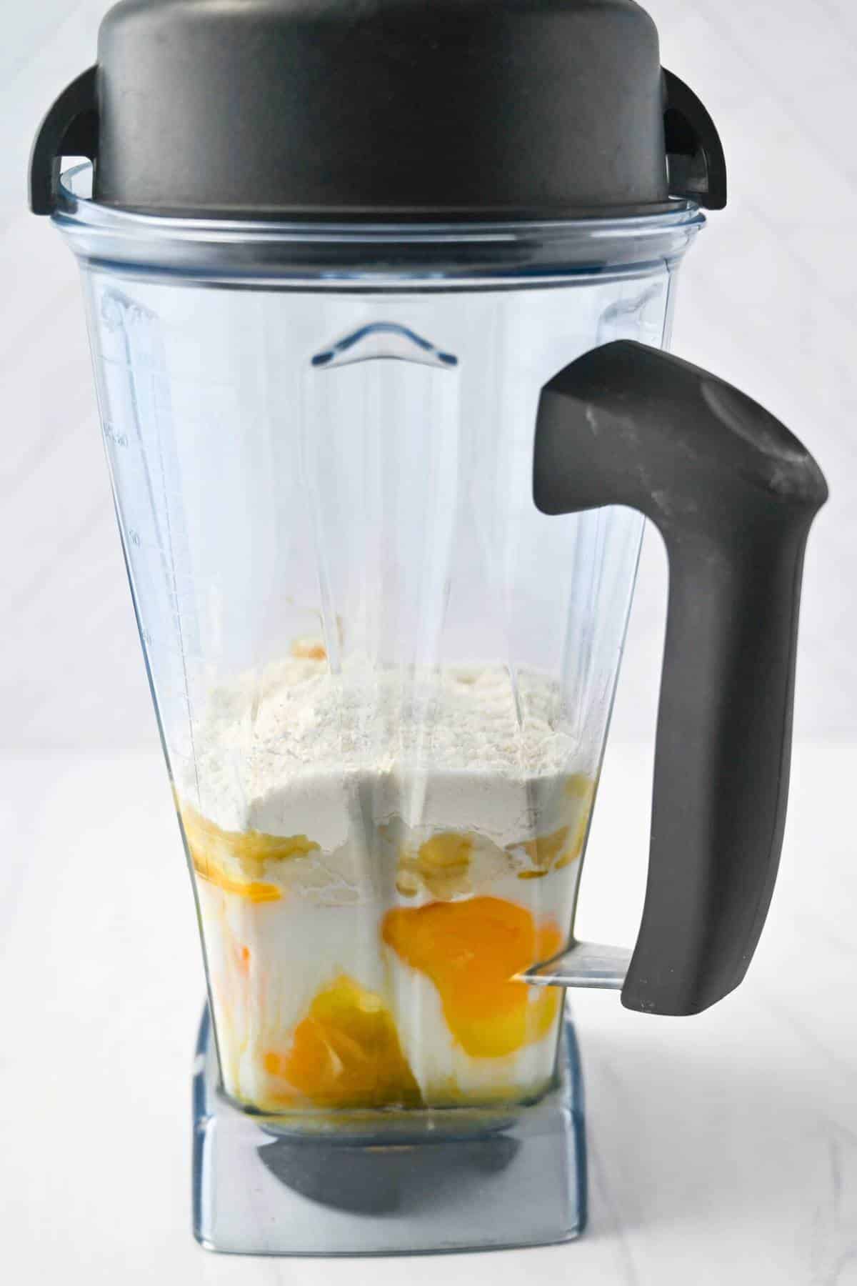 ingredients for waffles with cottage cheese in a blender