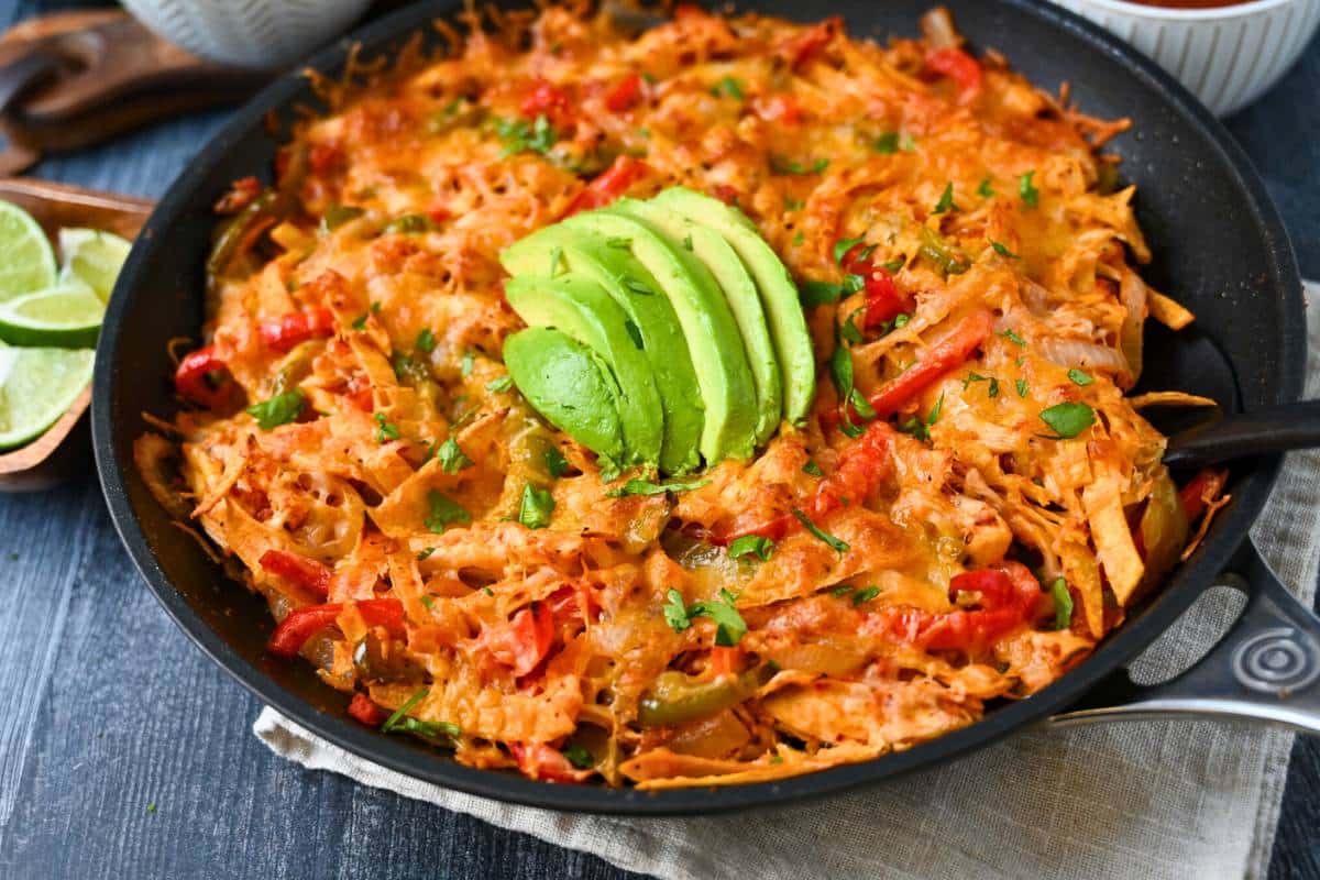 a fajita skillet with avocado