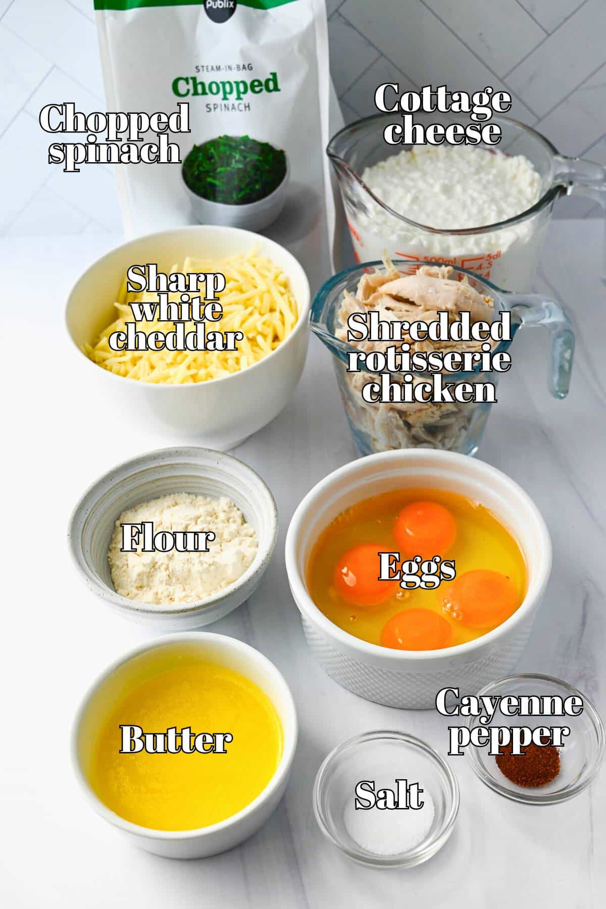 labeled ingredients for chicken spinach casserole on a counter