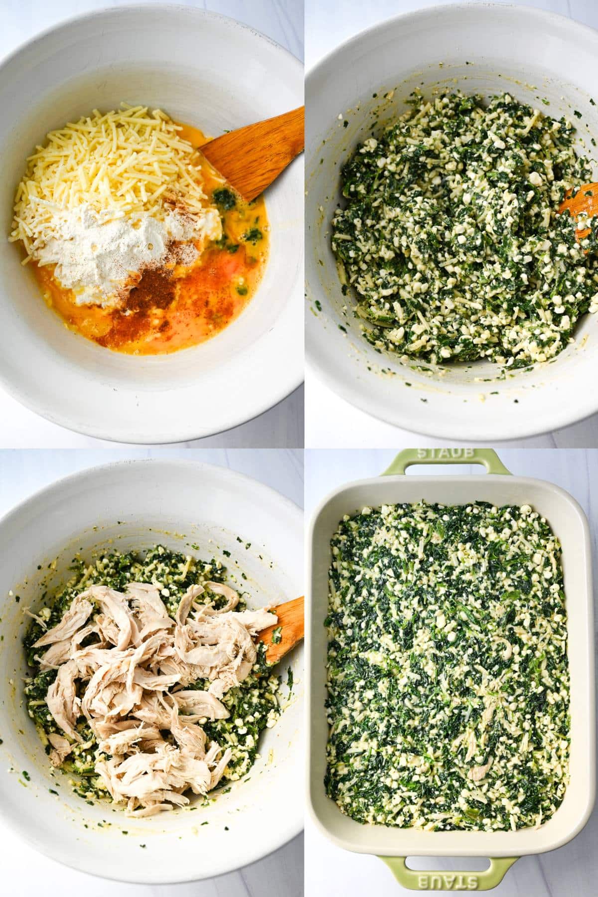 collage of four steps to assemble a spinach casserole with chicken