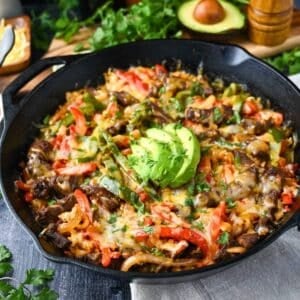 a fajita skillet with avocado