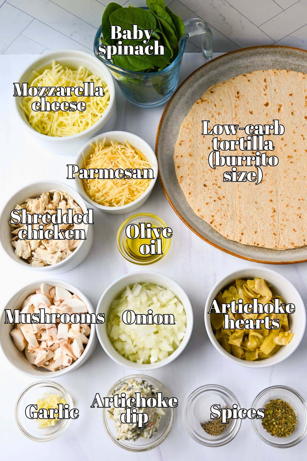 ingredients for a chicken spinach artichoke tortilla pizza measured out on a counter