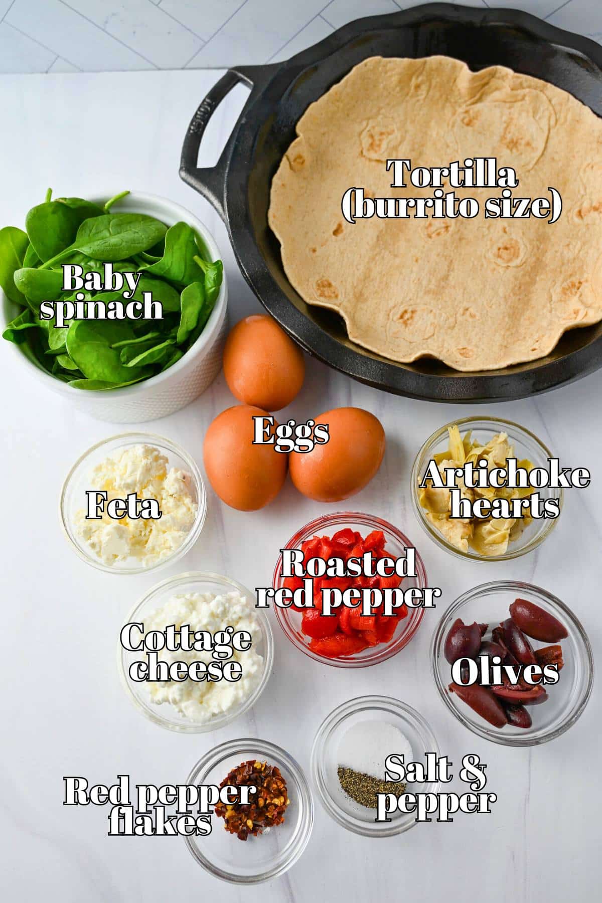 ingredients for a cottage cheese egg quiche in a tortilla measured out on a counter
