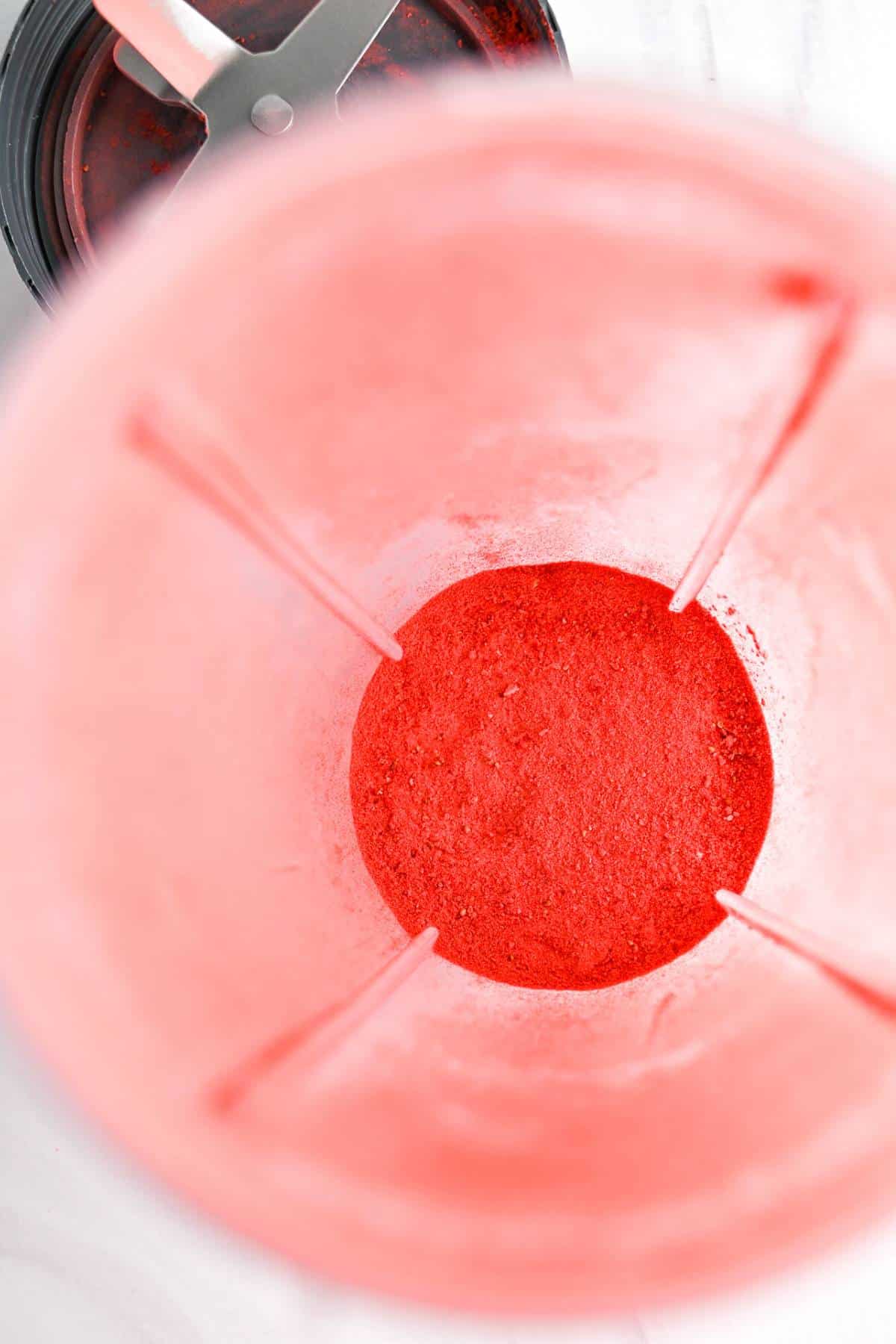 pulverized dried strawberries in a bullet blender