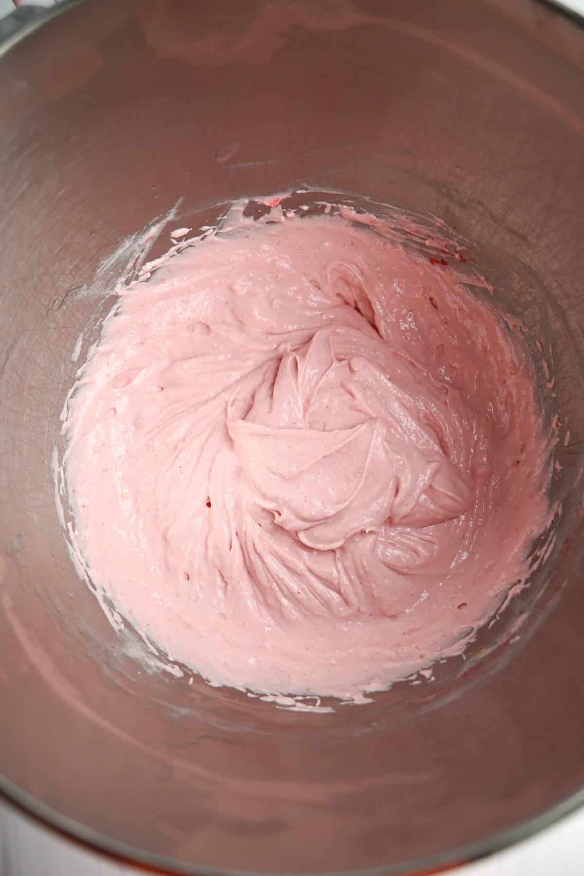 strawberry cheesecake filling in a mixing bowl