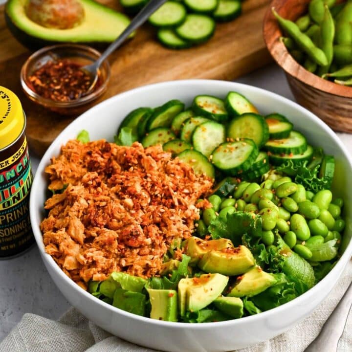 a tuna bowl without rice with cut avocado and veggies