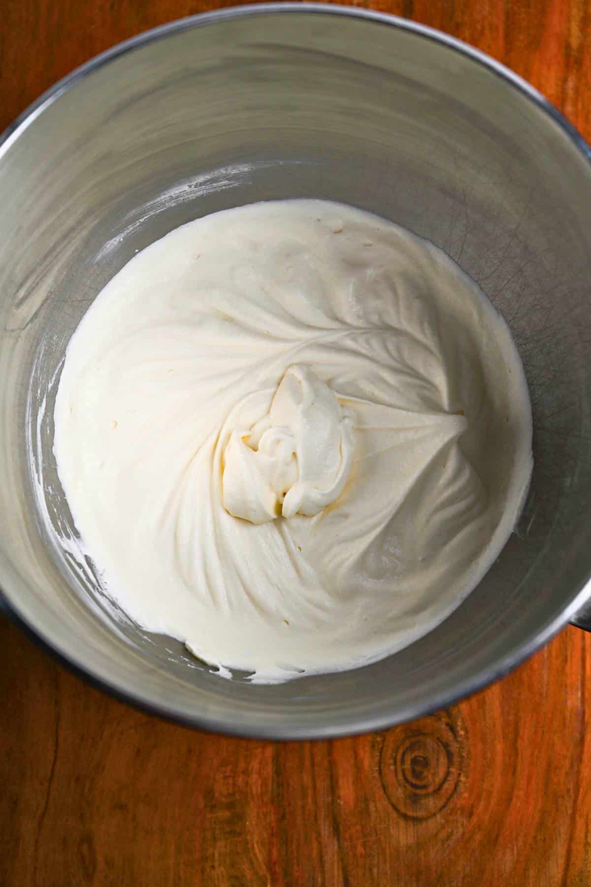 Cream mixture for light tiramisu in a mixing bowl