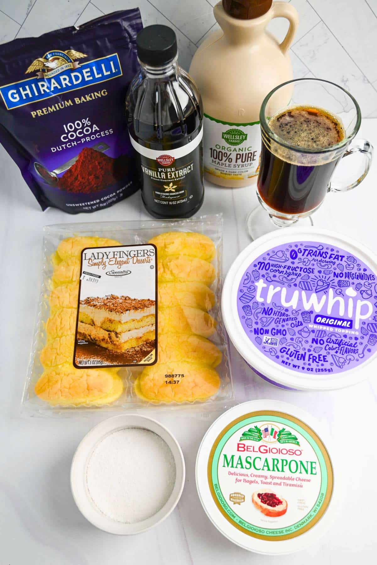 ingredients for making lighter tiramisu dessert parfaits on a counter
