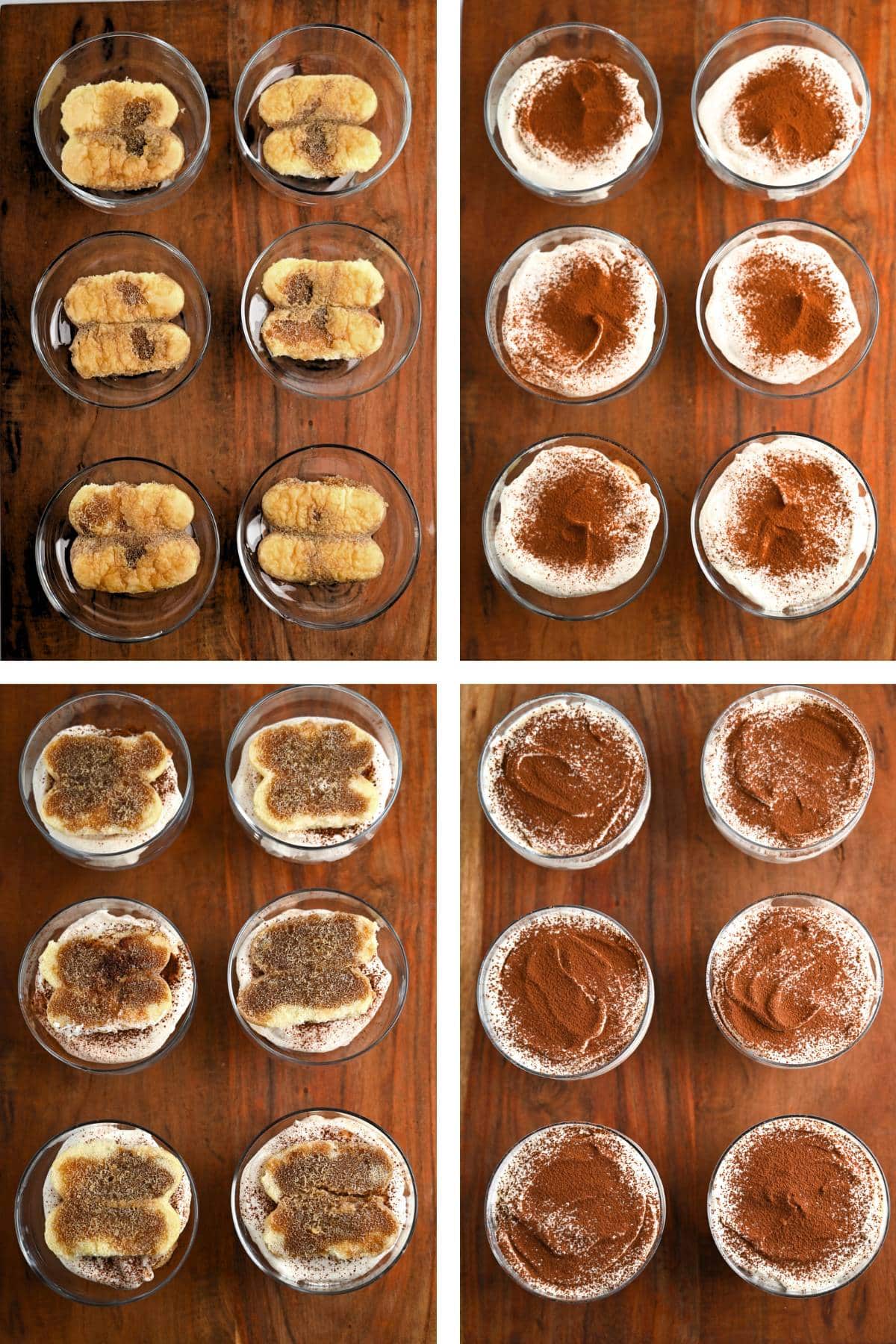collage of steps to assemble tiramisu parfaits