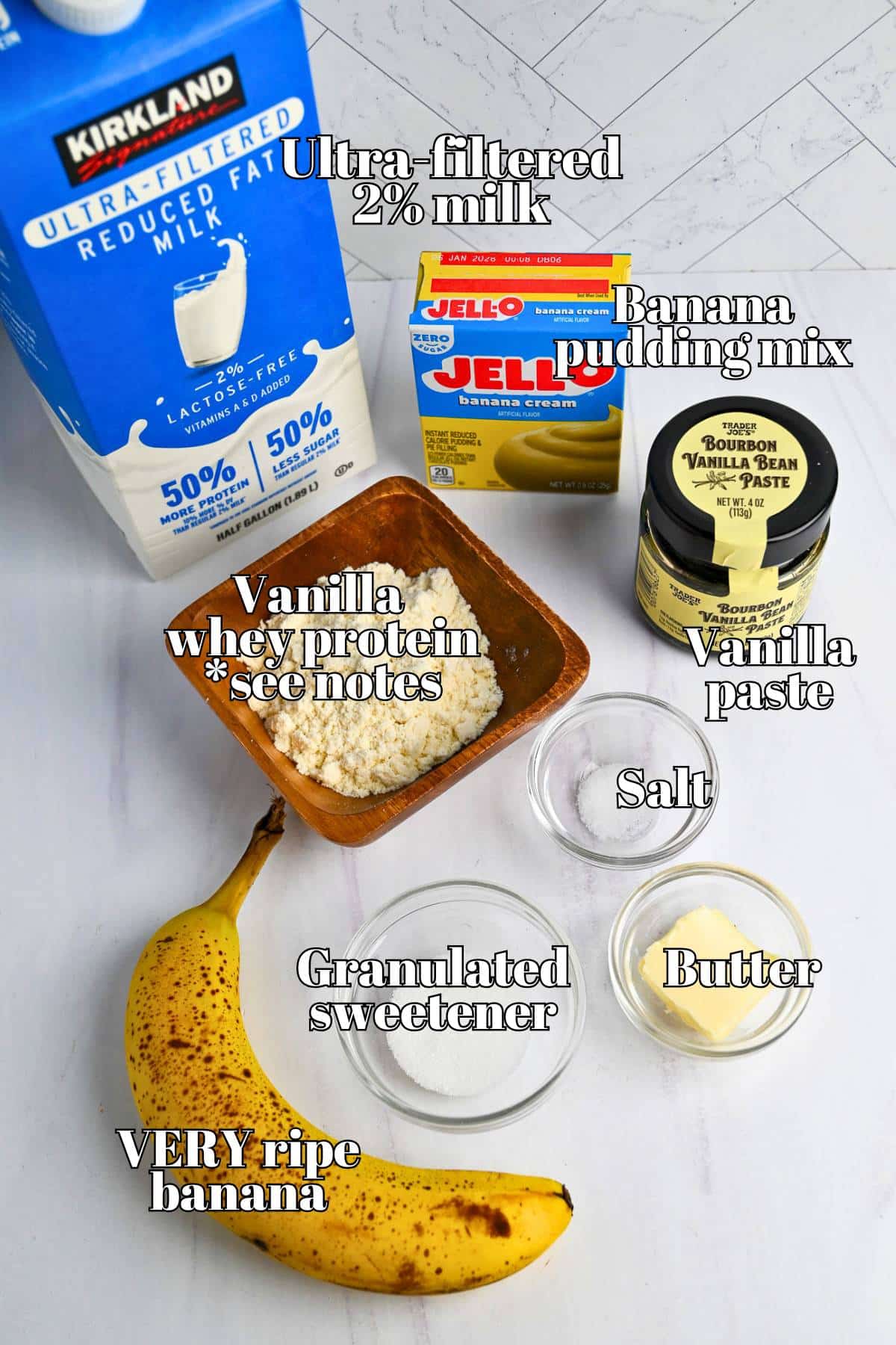 ingredients to make banana protein ice cream in a Ninja Creami machine on a counter