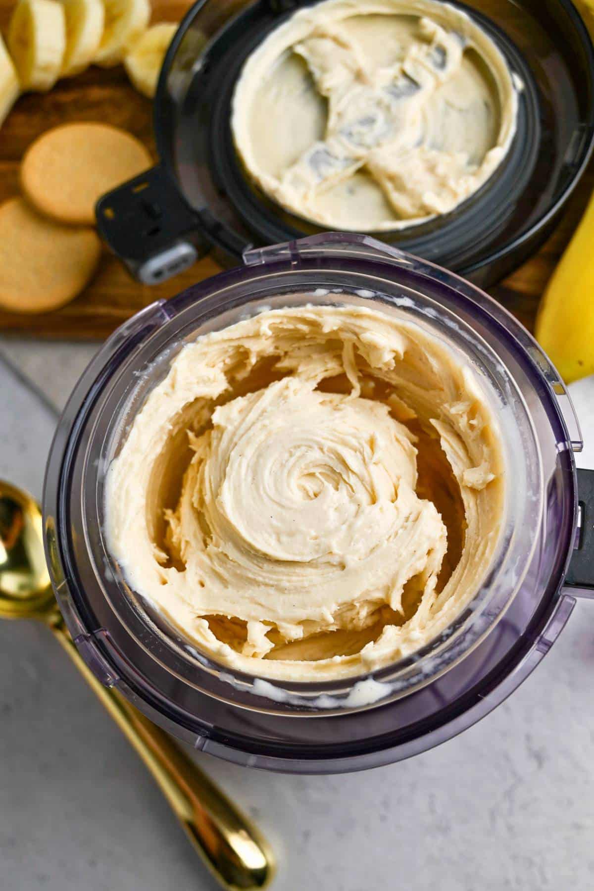 looking down at a blended ice cream in a creami container