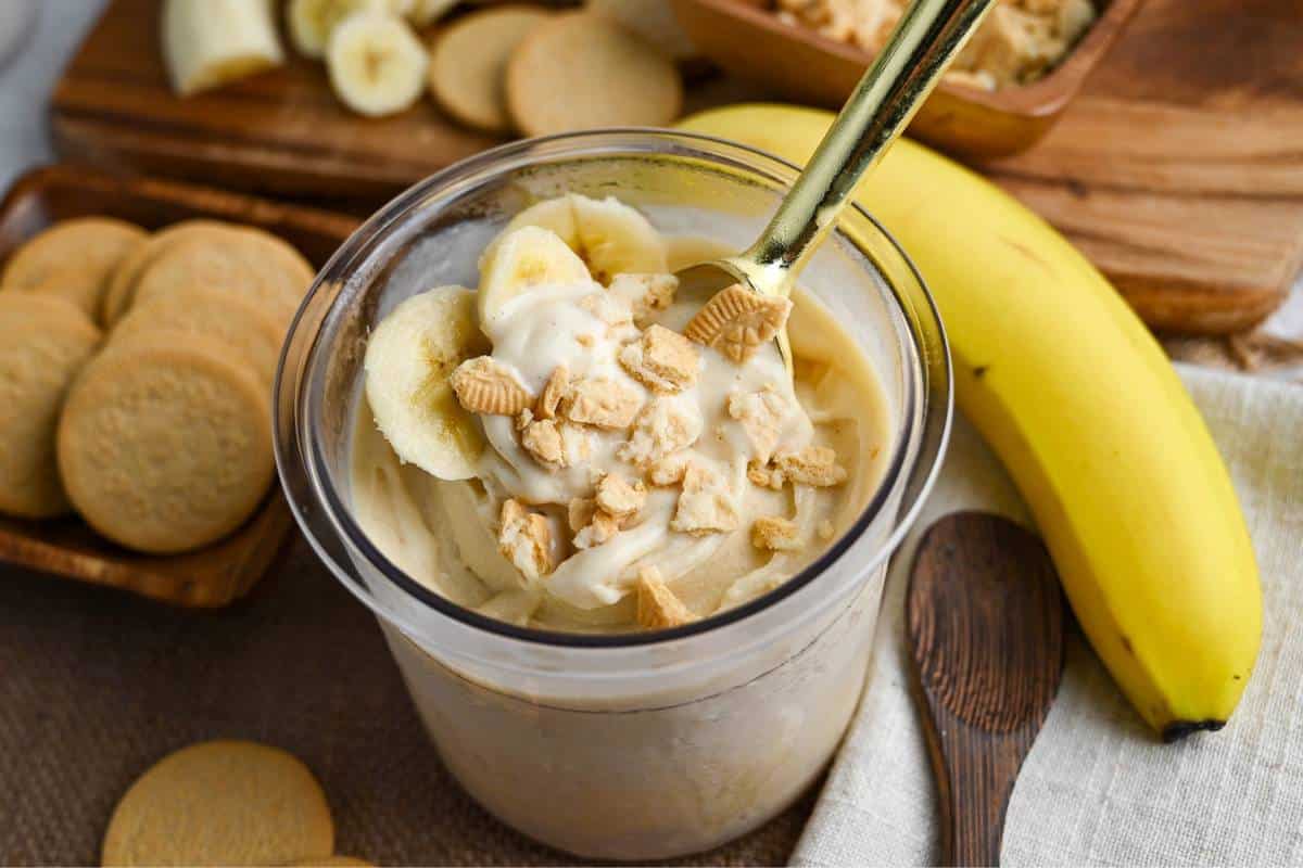 side view of a container of high protein banana pudding ice cream made in a creami