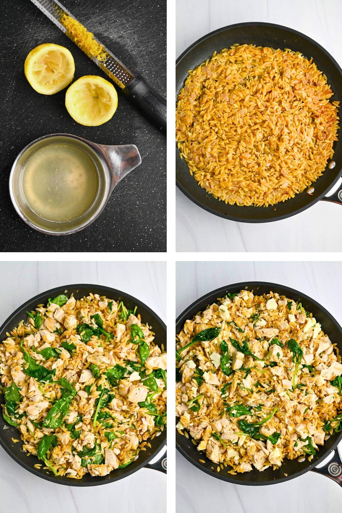 step photo showing how to make an orzo skillet with spinach and precooked chicken