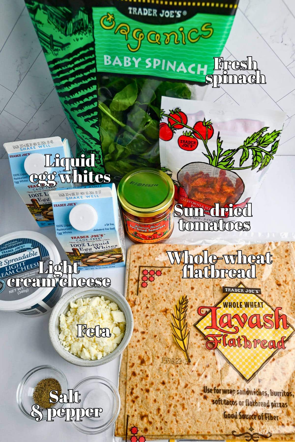 ingredients for spinach feta egg white wraps bought from Trader Joe's