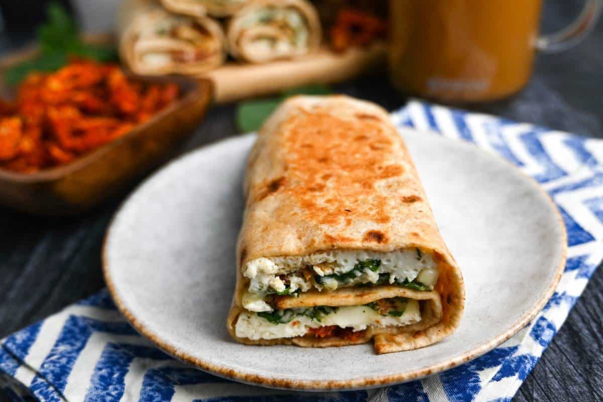 egg white lavash wrap on a plate with a napkin underneath
