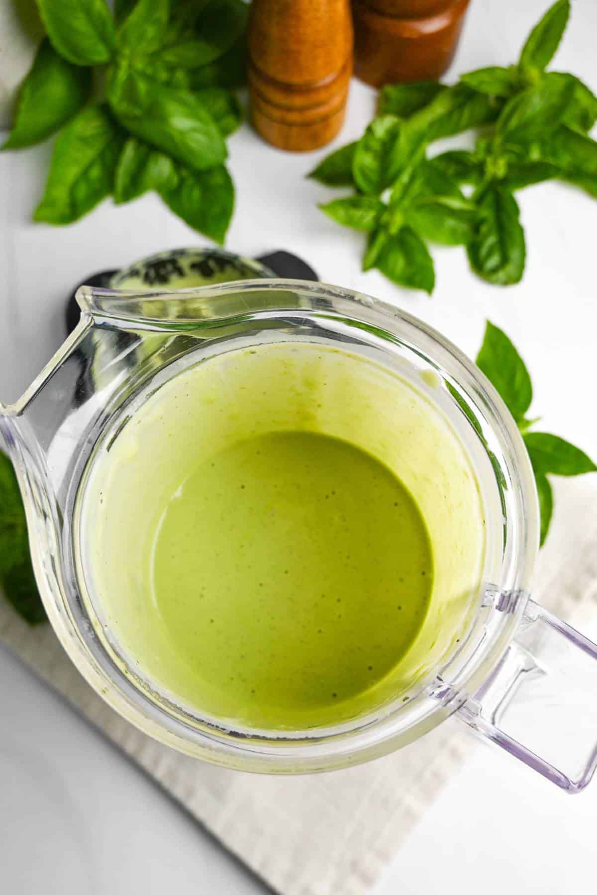 blended green goddess in a blender container